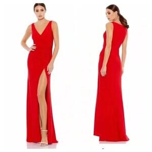 Mac Duggal 26513 Red Faux Wrap Sleeveless V‎ Neck Slit Cocktail Gown Size 8 NEW